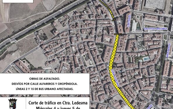 Cortes y reordenación del tráfico en la carretera de Ledesma los días 4 y 5 de septiembre