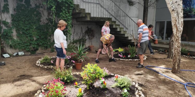 Los mayores de Santa Marta decoran con flores y plantas el patio interior del Edificio Sociocultural